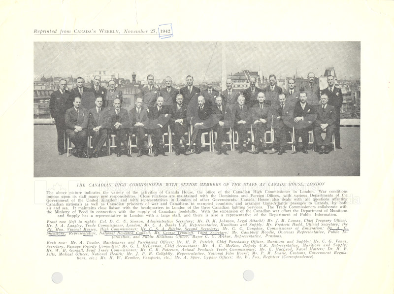 Canada House Staff, London Dr. A.G. Shenstone - NRC 1942